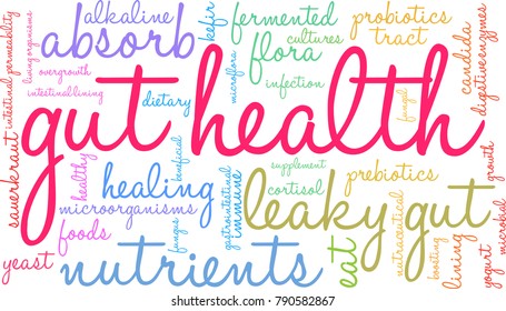 Gut Health word cloud on a white background. 