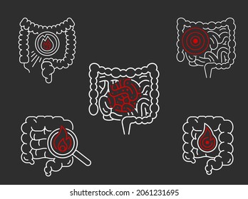 Gut inflammation, pain, angriness sign. Editable vector illustration in modern outline style isolated on a dark background. Medical concept. Symbol, pictogram, icon, logotype element. 