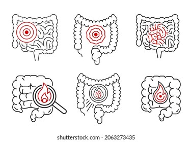 Gut inflammation, pain, angriness sign. Editable vector illustration in modern outline style isolated on a white background. Medical concept. Symbol, pictogram, icon, logotype element. 