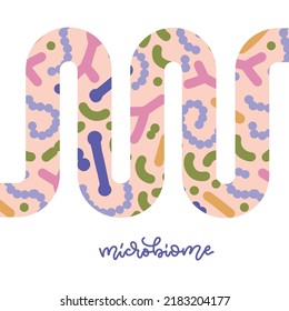 Gut microbiome banner with abstarct guts. Human intestine microbiota with healthy probiotic bacteria. Flat vector abstract medicine illustration of microbiology checkup.