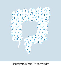 Gut microbiome concept. Human intestine microbiota with healthy probiotic bacteria. Flat abstract medicine illustration of microbiology checkup.