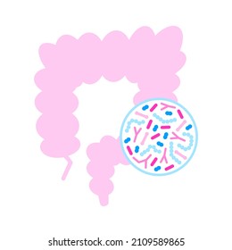 Gut Microbiome Concept. Human Intestine Microbiota With Healthy Probiotic Bacteria. Flat Abstract Medicine Illustration Of Microbiology Checkup.