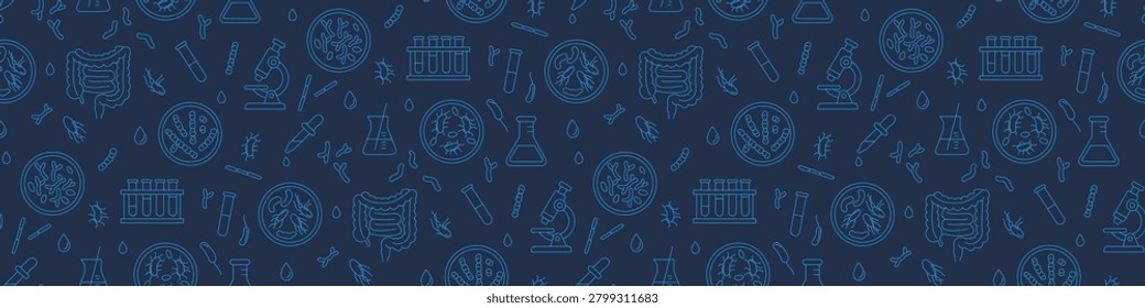 Gut microbiome laboratory seamless pattern with intestine, microbes and lab equipment for healthcare and science use, Vector Illustration, blue line art repeat on white background.