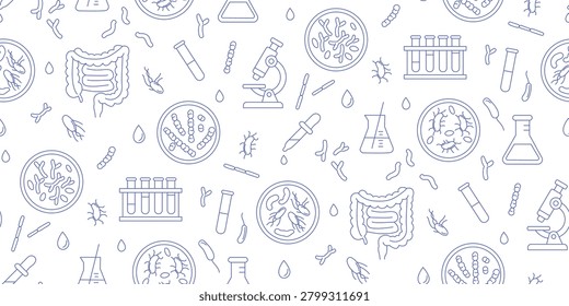 Gut microbiome laboratory seamless pattern with intestine, microbes and lab equipment for healthcare and science use, Vector Illustration, blue line art repeat on white background.