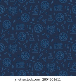 Gut microbiome laboratory seamless pattern with intestine, microbes and lab equipment for healthcare and science use, Vector Illustration, blue line art repeat on white background.
