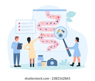 Gut microbiome research, gastrointestinal health vector illustration. Cartoon tiny people with magnifying glass check good and bad bacteria, microbiota on infographic anatomy chart of human bowel