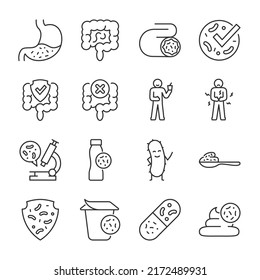 Gut microbiota, microflora icons set. Useful gut bacteria for digestion. Bifidobacterium, Probiotics, linear icon collection. Line with editable stroke