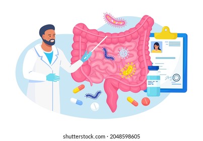 Gut microorganisms, friendly flora, gastrointestinal microbes Abstract digestive stomach living organisms for healthy life. Doctor examining gastrointestinal tract, bowel, digestive system, intestine