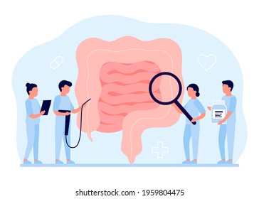 Gut Organ Medical Checkup, Health Intestine And Digestive. Doctor Examining Gastrointestinal Tract. Medical Gut Disease Treatment. Vector Illustration