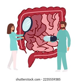 Gut organ medical checkup, health intestine and digestive. Doctor examining gastrointestinal tract. Medical gut disease treatment. Vector illustration.