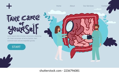 Gut organ medical checkup, health intestine and digestive. Doctor examining gastrointestinal tract. Medical gut disease treatment. Vector illustration
