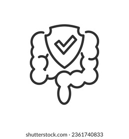 Gut protection, safety and normalization of digestion, linear icon. The intestine and the checkered shield. Line with editable stroke