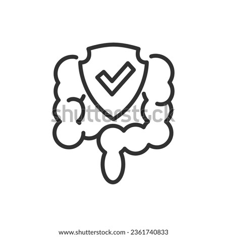 Gut protection, safety and normalization of digestion, linear icon. The intestine and the checkered shield. Line with editable stroke