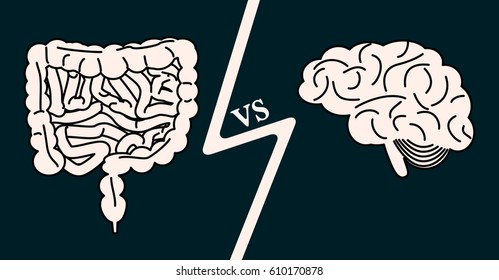 Gut vs brain concept. stock vector illustration of scientific idea of interactions between microbiota and central nervous system.