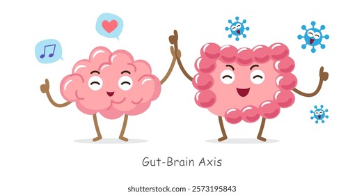 Gut-brain axis . Cartoon character of human brain and intestine . Concept about prebiotics and probiotics relate with brain function . Vector .