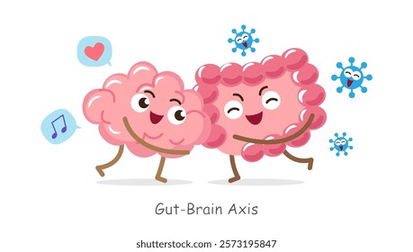 Gut-brain axis . Cartoon character of human brain and intestine . Concept about prebiotics and probiotics relate with brain function . Vector .