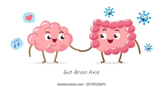 Gut-brain axis . Cartoon character of human brain and intestine . Concept about prebiotics and probiotics relate with brain function . Vector .