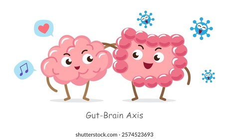 Gut-brain axis . Cartoon character of human brain and intestine . Concept about prebiotics and probiotics relate with brain function . Vector .