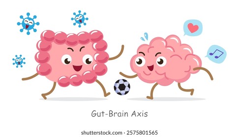 Gut-brain axis . Cartoon character of human brain and intestine . Concept about prebiotics and probiotics relate with brain function . Vector .