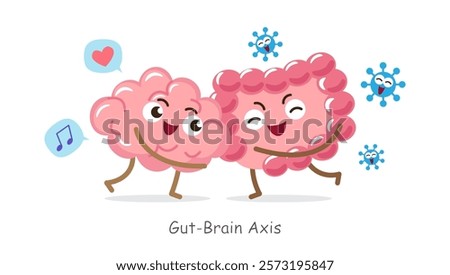 Gut-brain axis . Cartoon character of human brain and intestine . Concept about prebiotics and probiotics relate with brain function . Vector .