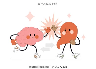 Gut-Brain Axis concept. An illustrated brain and stomach characterizing the communication link between mental health and digestion. Vector illustration.