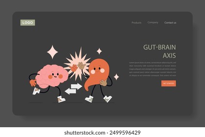 Gut-brain connection concept. Cheerful brain and gut characters with high five gesture expressing a healthy diet's impact on mental wellness. Vector illustration.