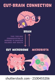 Gut-brain connection. Health of the brain and the gut are interwinded. Medical, scientific, healthcare concept. Editable vector illustration in a flat cartoon style on a dark background.