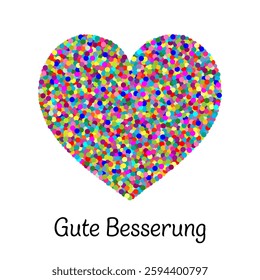 Gute Besserung - text in German language - Get well soon. Get well soon card with a colorful confetti heart.