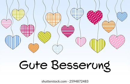 Gute Besserung - text in German language - Get well soon. Get well soon card with colorful hanging hearts.