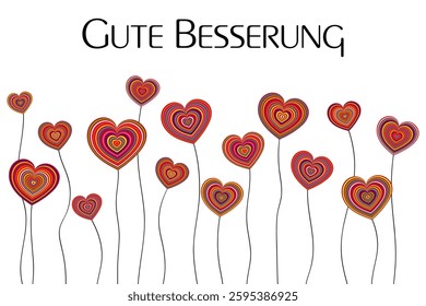 Gute Besserung - text in German language - Get well soon. Get well soon card with colorful heart flowers.