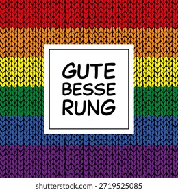 Gute Besserung - texto en idioma alemán - Mejórate pronto. Tarjeta de felicitación con un fondo de punto rayado en colores del arco iris.