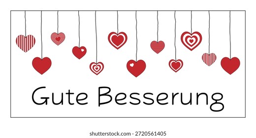 Gute Besserung - text in German language - Get well soon. Greeting card with red hearts.
