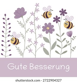 Gute Besserung - texto en idioma alemán - Mejórate pronto. Tarjeta de felicitación con abejas lindas y flores púrpuras.
