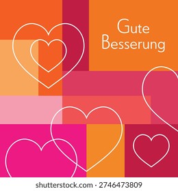 Gute Besserung - text in German language - Get well soon. Square recovery card in pink and orange with hearts.