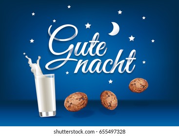 "Gute nacht" paper hand lettering calligraphy. Vector illustration with food, drink and text. German translation: Good night