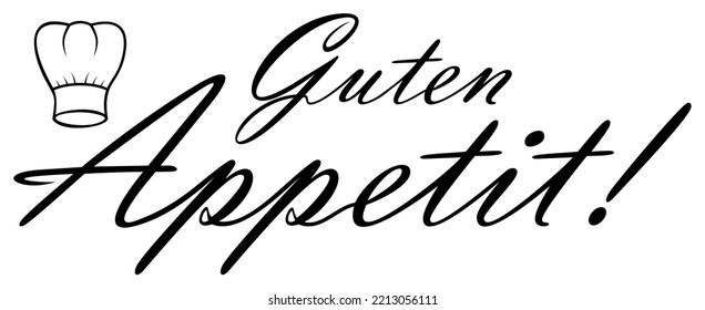 Guten Appetit, Vektorschrift mit Kochmütze. Weißer, isolierter Hintergrund.
Übersetzung: Guten Appetit ist Genießen Sie Ihr Essen.
Deutsches Essen wünscht sich ein gutes Essen.