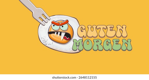 Guten morgen (Good Morning in German) quote with cute egg character and groovy retro text isolated on pink background. Vector Guten morgen funny slogan and morning cute fried egg. Banner, poster