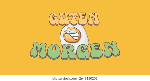 Guten morgen (Bom Dia em Alemão) citação com bonitinho personagem de ovo e texto retro groovy isolado no fundo rosa. Vetor Guten morgen slogan engraçado e manhã fofo ovo frito. Faixa, cartaz