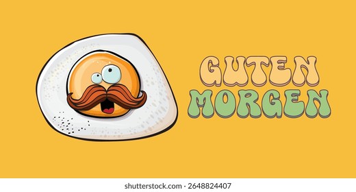 Guten morgen (Bom Dia em Alemão) citação com bonitinho personagem de ovo e texto retro groovy isolado no fundo rosa. Vetor Guten morgen slogan engraçado e manhã fofo ovo frito. Faixa, cartaz