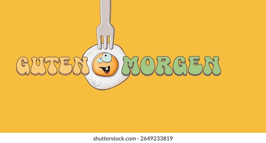 Guten morgen (Bom Dia em Alemão) citação com bonitinho personagem de ovo e texto retro groovy isolado no fundo rosa. Vetor Guten morgen slogan engraçado e manhã fofo ovo frito. Faixa, cartaz