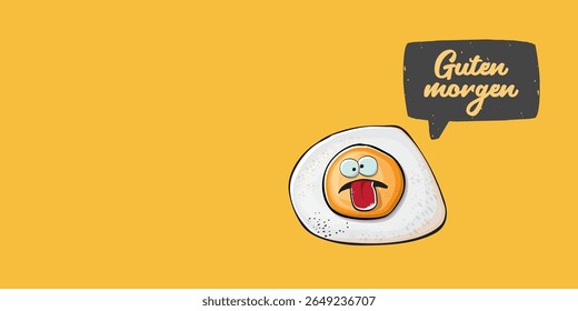 Guten morgen (Bom Dia em Alemão) citação com bonitinho personagem de ovo e texto retro groovy isolado no fundo rosa. Vetor Guten morgen slogan engraçado e manhã fofo ovo frito. Faixa, cartaz