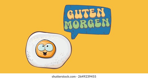 Guten morgen (Good Morning in German) quote with cute egg character and groovy retro text isolated on pink background. Vector Guten morgen funny slogan and morning cute fried egg. Banner, poster