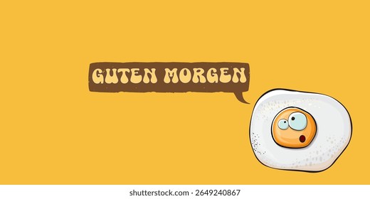 Guten morgen (Bom Dia em Alemão) citação com bonitinho personagem de ovo e texto retro groovy isolado no fundo rosa. Vetor Guten morgen slogan engraçado e manhã fofo ovo frito. Faixa, cartaz