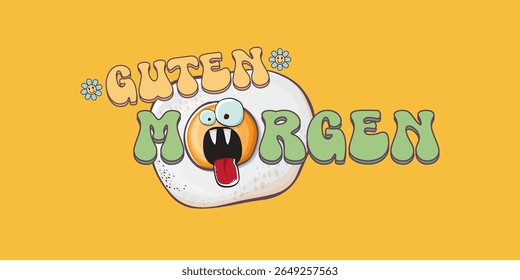 Guten morgen (Bom Dia em Alemão) citação com bonitinho personagem de ovo e texto retro groovy isolado no fundo rosa. Vetor Guten morgen slogan engraçado e manhã fofo ovo frito. Faixa, cartaz