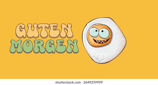 Guten morgen (Bom Dia em Alemão) citação com bonitinho personagem de ovo e texto retro groovy isolado no fundo rosa. Vetor Guten morgen slogan engraçado e manhã fofo ovo frito. Faixa, cartaz