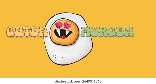 Guten morgen (Good Morning in German) quote with cute egg character and groovy retro text isolated on pink background. Vector Guten morgen funny slogan and morning cute fried egg. Banner, poster