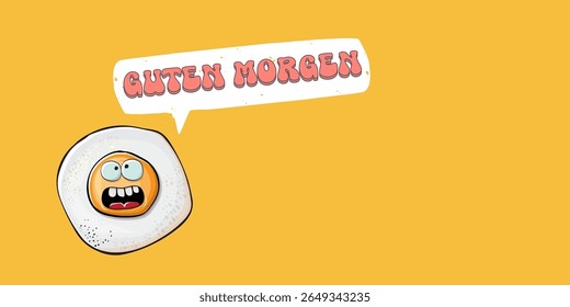 Guten morgen (Bom Dia em Alemão) citação com bonitinho personagem de ovo e texto retro groovy isolado no fundo rosa. Vetor Guten morgen slogan engraçado e manhã fofo ovo frito. Faixa, cartaz