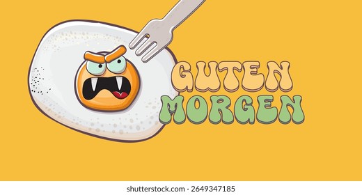 Guten morgen (Bom Dia em Alemão) citação com bonitinho personagem de ovo e texto retro groovy isolado no fundo rosa. Vetor Guten morgen slogan engraçado e manhã fofo ovo frito. Faixa, cartaz