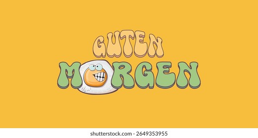 Guten morgen (Bom Dia em Alemão) citação com bonitinho personagem de ovo e texto retro groovy isolado no fundo rosa. Vetor Guten morgen slogan engraçado e manhã fofo ovo frito. Faixa, cartaz
