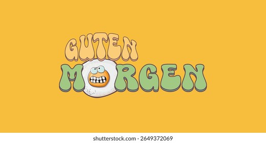 Guten morgen (Bom Dia em Alemão) citação com bonitinho personagem de ovo e texto retro groovy isolado no fundo rosa. Vetor Guten morgen slogan engraçado e manhã fofo ovo frito. Faixa, cartaz